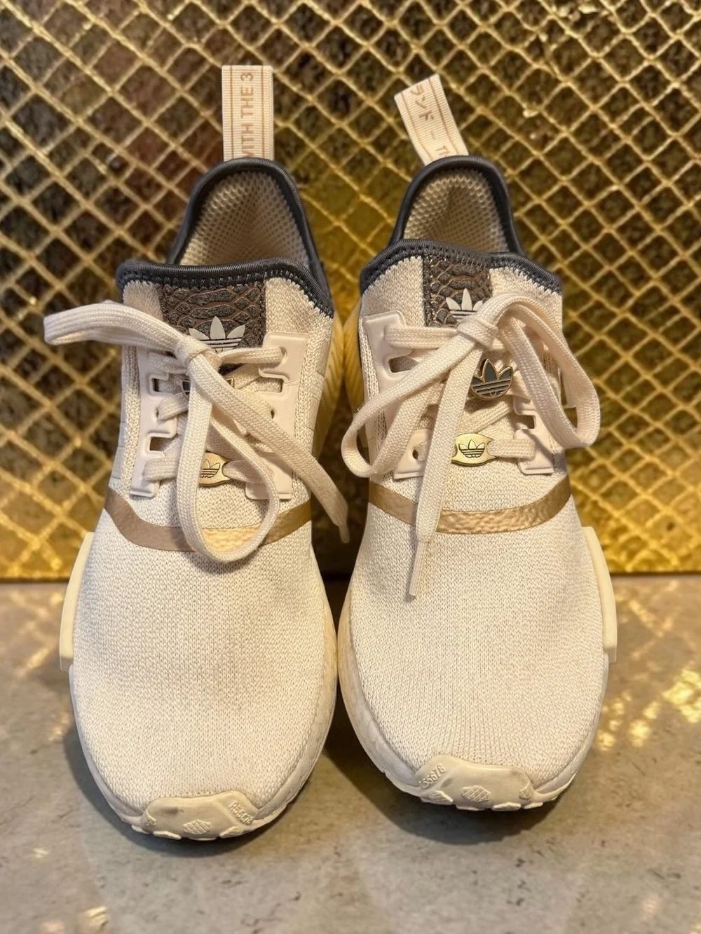 adidas NMD R1 Wonder White/Snakeskin and Gold Sneakers